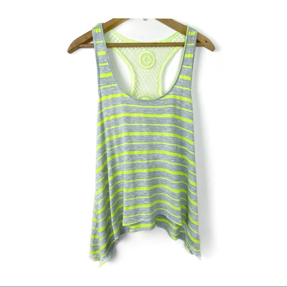 Almost Famous Stripe Crochet Lace Racerback Tank Top Shark Bite Hem Gray Lime L - Picture 13 of 13